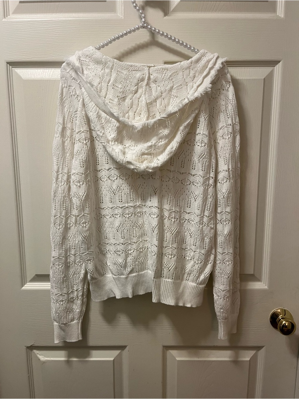 Heartloom Women's White Open-Knit V-Neck Hoodie Sweater w/Kangaroo pocket SZ LG - Picture 2 of 9